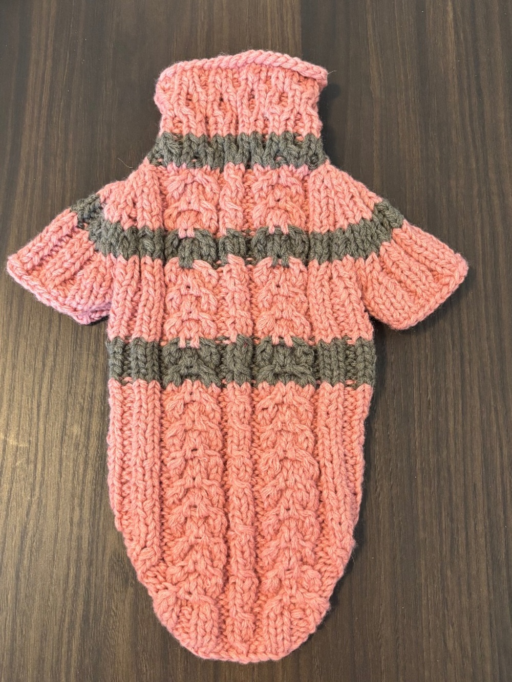 Handmade Peach & Dark Green Cable Knit Dog Sweater - Size Small